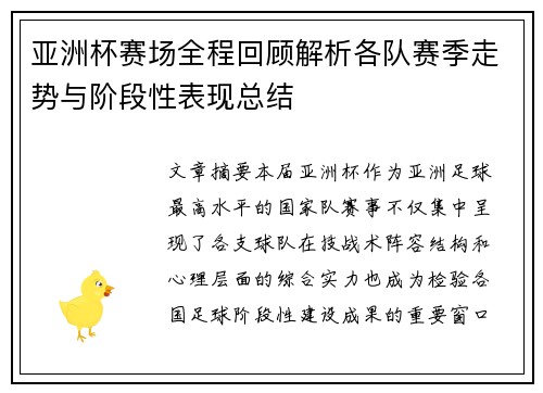 亚洲杯赛场全程回顾解析各队赛季走势与阶段性表现总结 亚洲杯赛场全程回顾解析各队赛季走势与阶段性表现总结